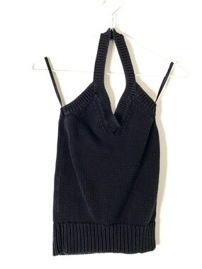 Old Navy Black Knit Halter Tank Top Ribbed Trim V-Neck Sleeveless Top
